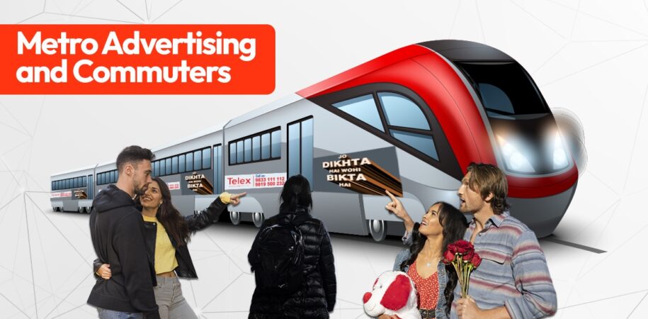 Metro train in Mumbai with advertising banners targeting daily commuters