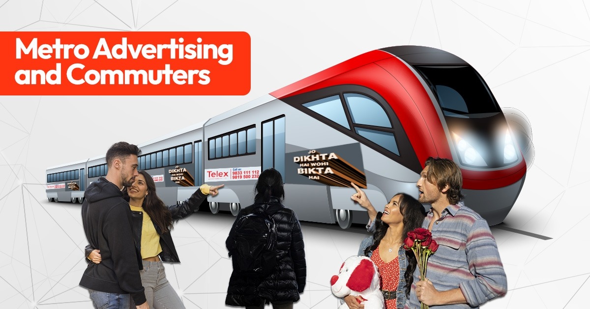 Metro train in Mumbai with advertising banners targeting daily commuters