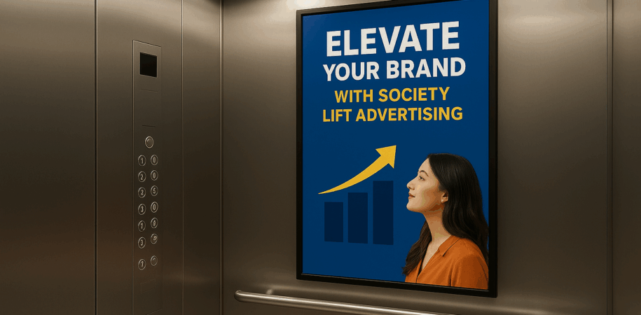 Society lift advertising poster inside a residential elevator
